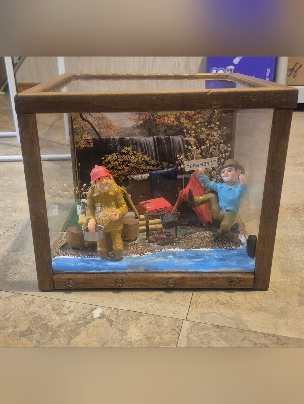 Handmade Camping Fishing Diorama Wood Glass Display Case Folk Art Miniature